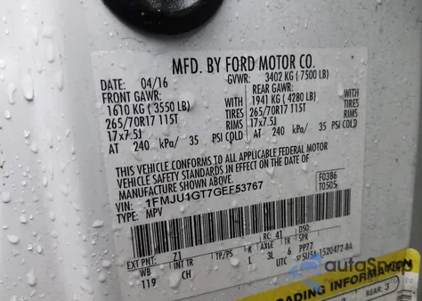 2016 Ford Expedition Xl from USA, damaged, VIN 1FMJU1GT7GEF53767